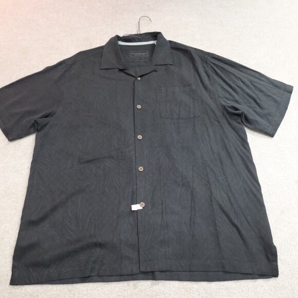 Tommy Bahama Shirt XL Black Solid Floral Jacquard 100% Silk Loop Collar - Picture 1 of 8